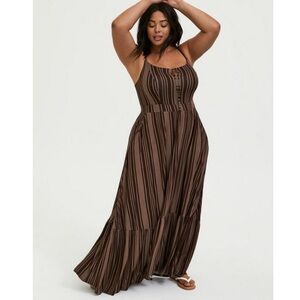 NWOT torrid Maxi Jersey Tie-Front Dress - chocolate brown stripes